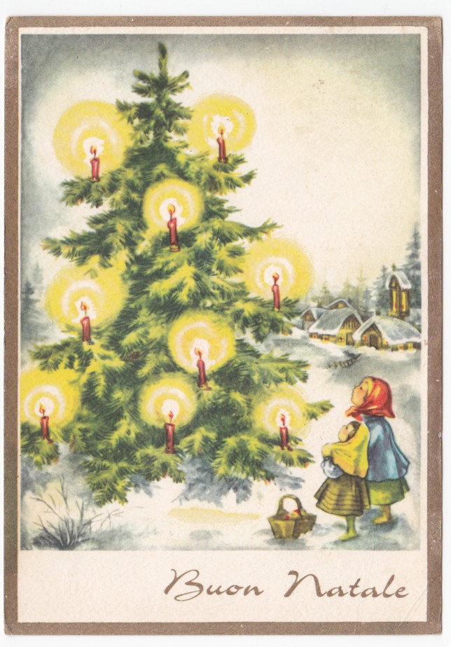 1963 viaggiata-cartolina-CECAMI-albero Natale-bambine-auguri vintage